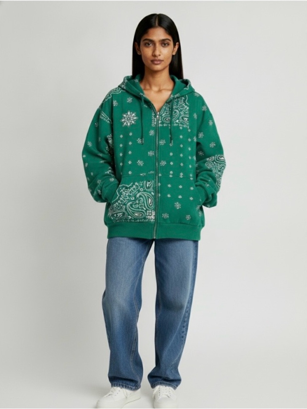 Edikted Green Bandana-Print Zip Hoodie